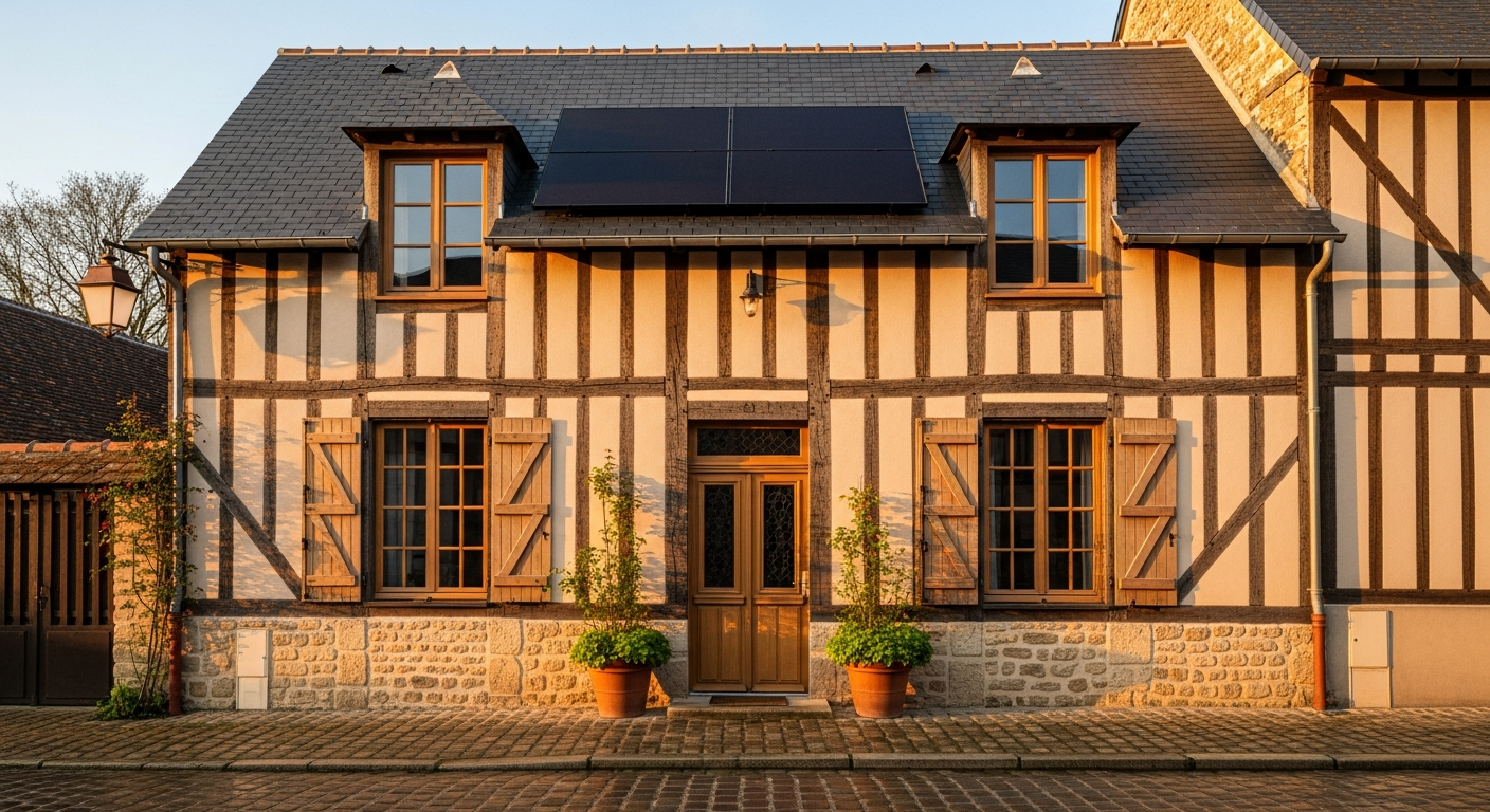 Maison normande rénovée thermiquement : isolation, pompe à chaleur, panneaux solaires intégrés, classée DPE C après travaux